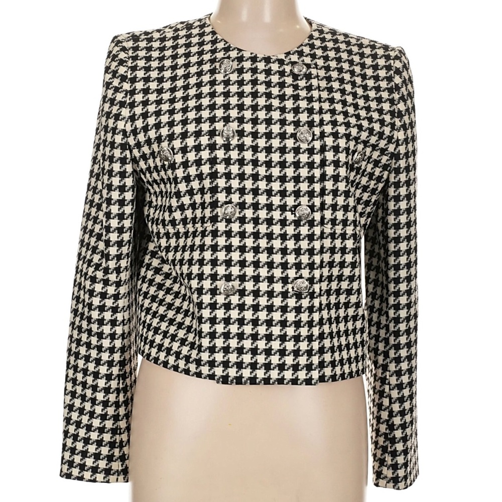 Ann Taylor Houndstooth Double-Breasted Cropped Blazer Black White Women’s SZ 10P